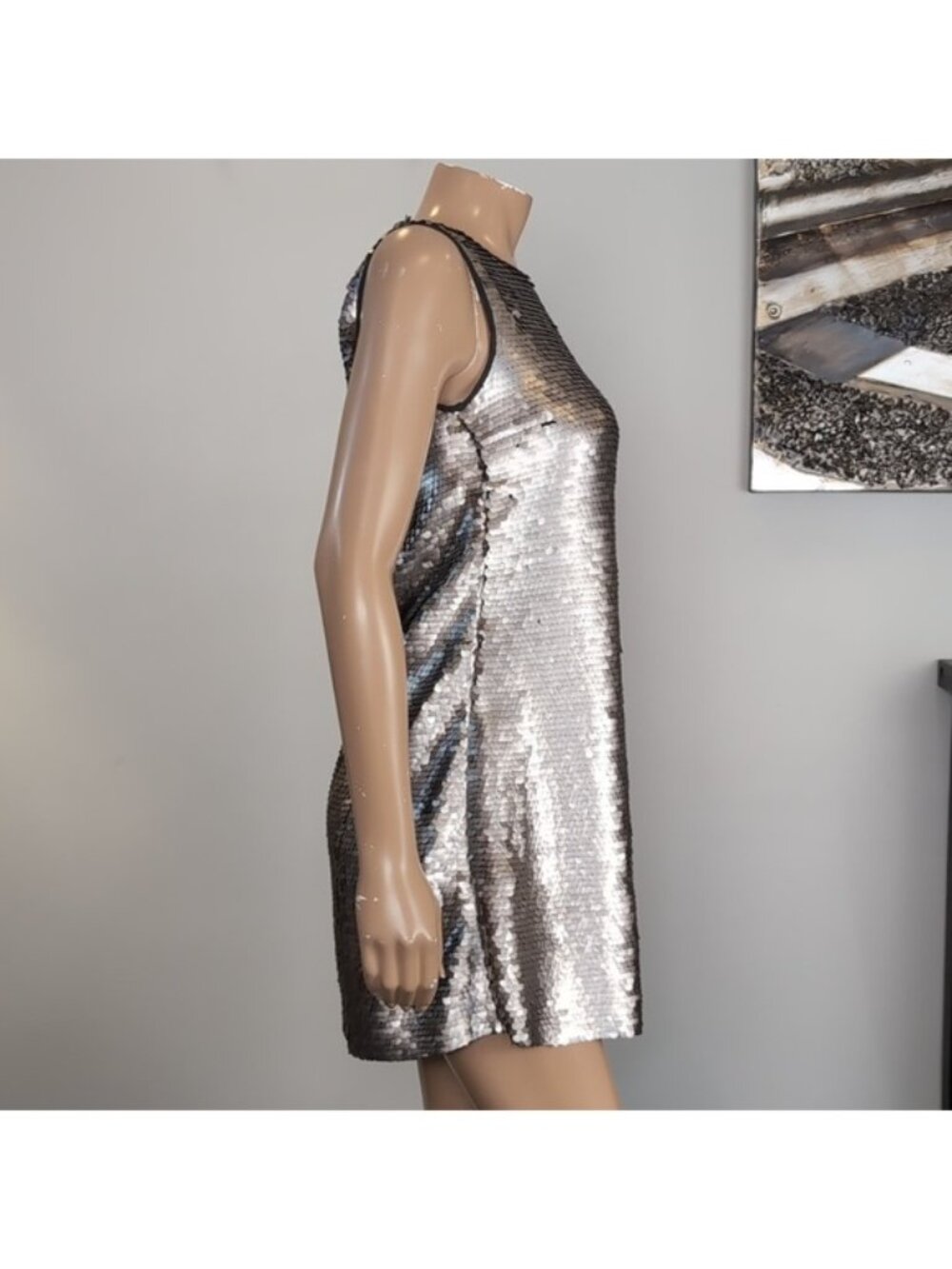 Zara Metallic Silver Sequin Mini Dress Womens Size Medium Sleeveless Shift Party - Picture 11 of 14